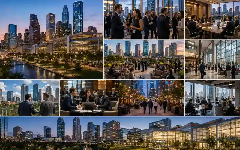 Networking and business districts during OTC Houston featuring corporate meetings, executive networking events, Downtown Houston business venues, and professional conference environments.